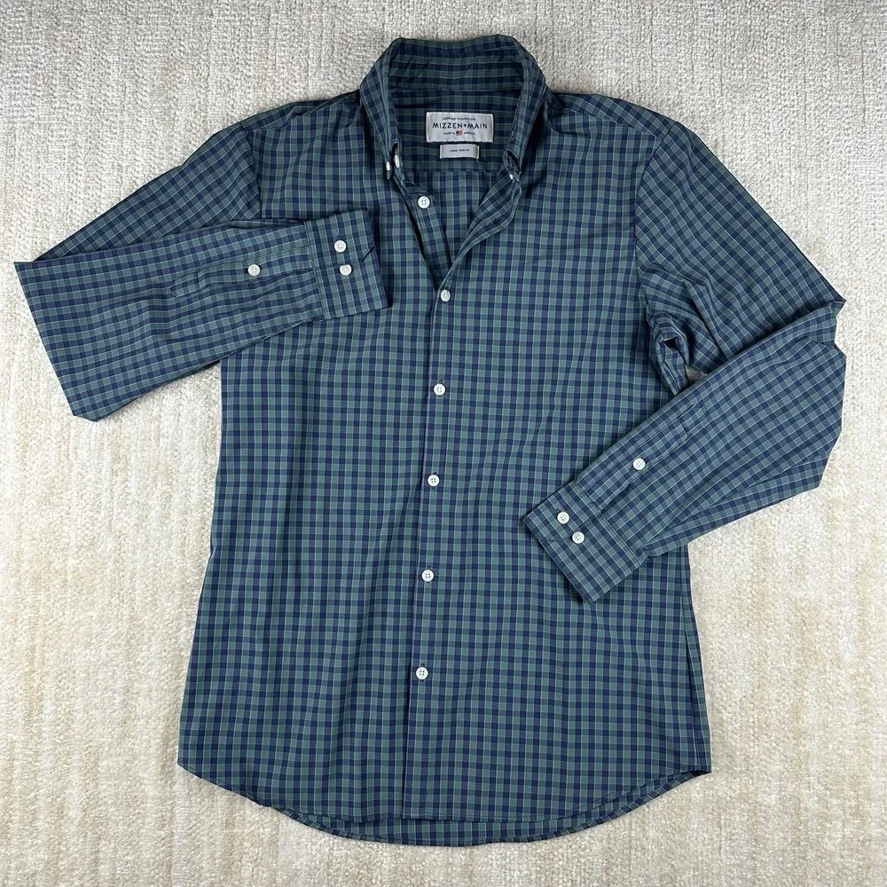 Mizzen‎ Main Shirt Men Large Tall Leeward Gingham Check Slim Poly Blend Green - Picture 2 of 5